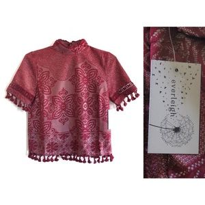 Everleigh Boho Pom Fringe Lace Short Sleeve Top S